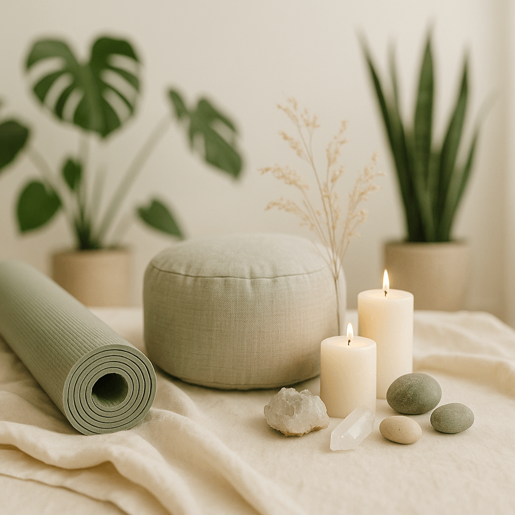 Composition apaisante d'objets de bien-être : tapis de yoga, coussin de méditation, bougies naturelles et plantes