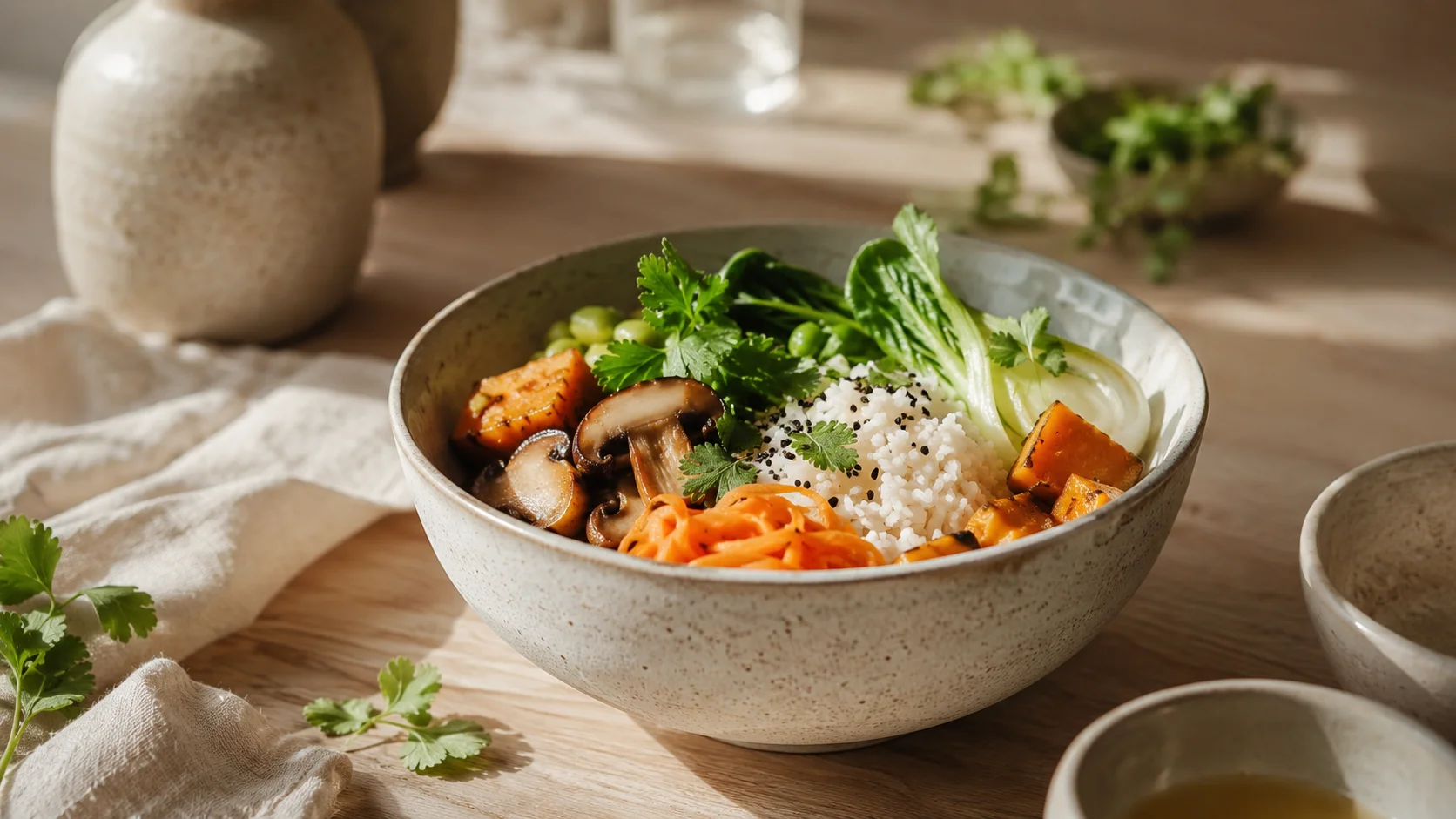 Bol de légumes cuisinés et ingrédients naturels dans une ambiance douce inspirée de la diététique chinoise