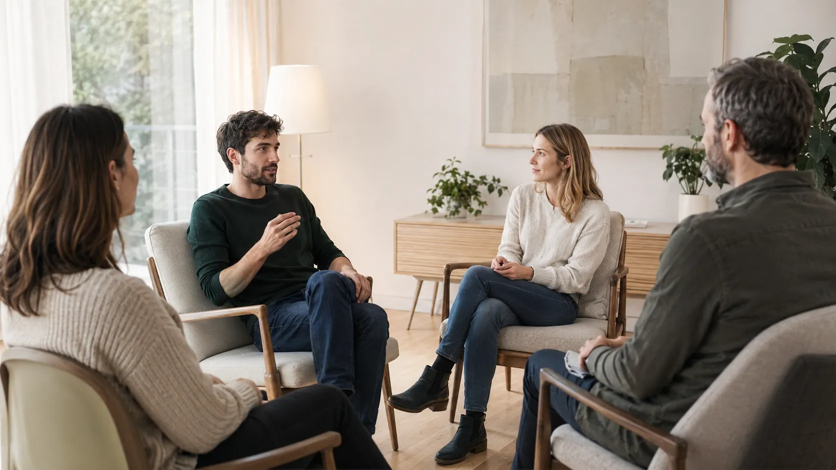 Échange thérapeutique systémique entre plusieurs personnes dans un espace lumineux, illustrant les interactions et les relations au sein d’un système