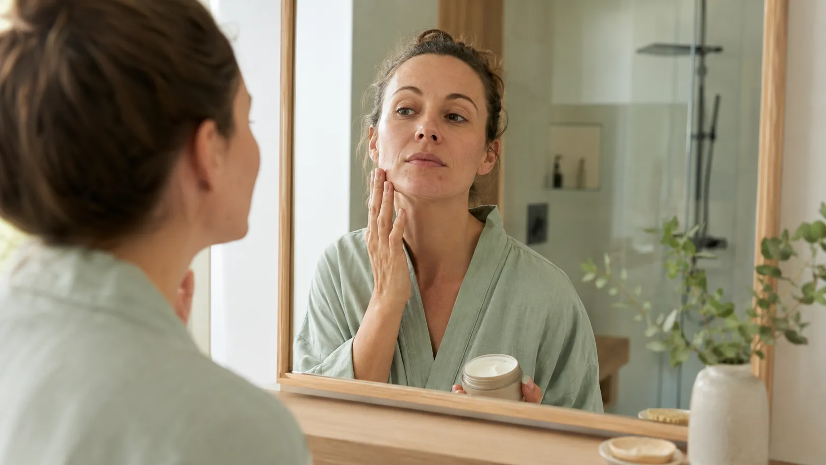 Femme adulte devant un miroir appliquant un soin sur sa joue dans une salle de bain lumineuse