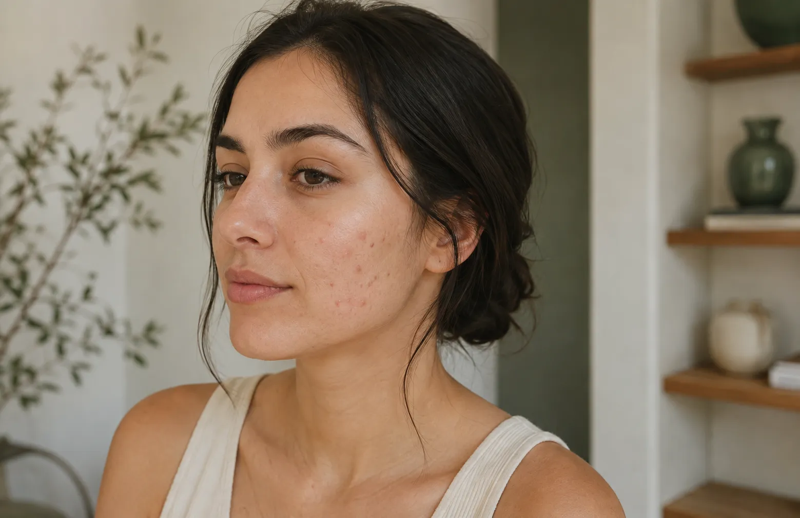 Portrait rapproché d’une femme avec quelques papules rouges et petites imperfections sur la joue