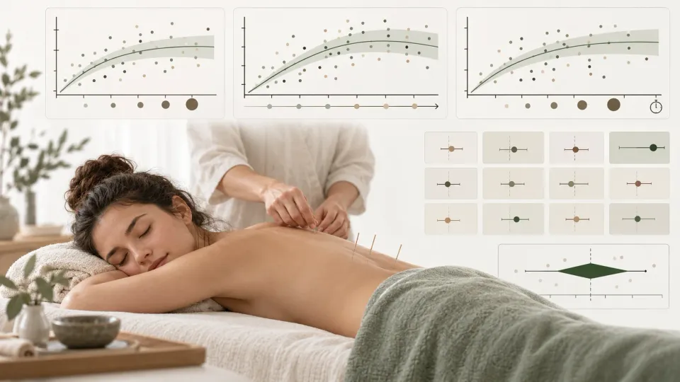Illustration éditoriale sur une méta-analyse de 2026 étudiant le nombre de séances, la durée et le temps de pose des aiguilles en acupuncture pour la lombalgie chronique.
