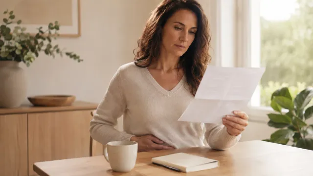 Femme assise à une table lisant une feuille, une main posée sur le bas du ventre, avec une tasse et un carnet à proximité.
