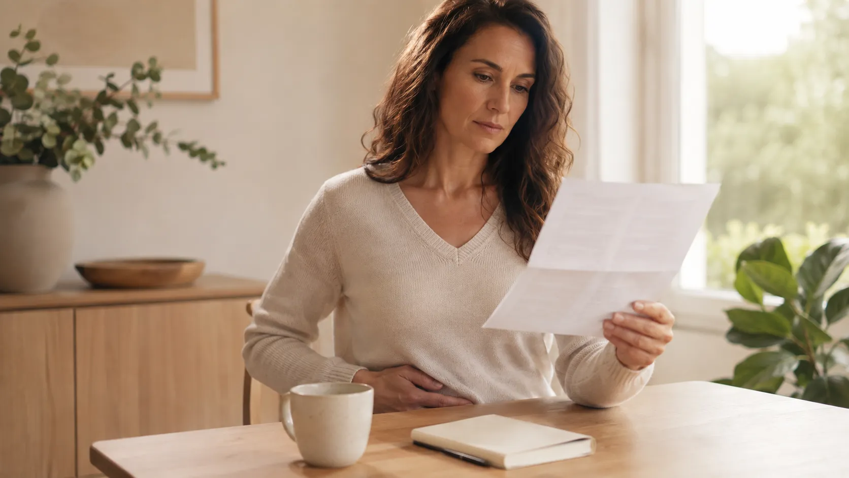 Femme assise à une table lisant une feuille, une main posée sur le bas du ventre, avec une tasse et un carnet à proximité.