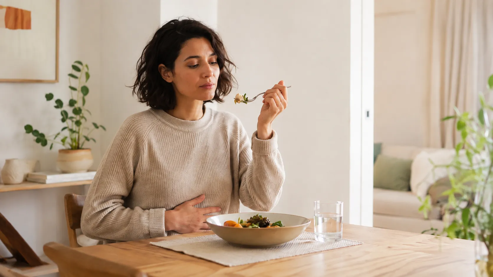 Femme mangeant à table avec une main posée sur le ventre.