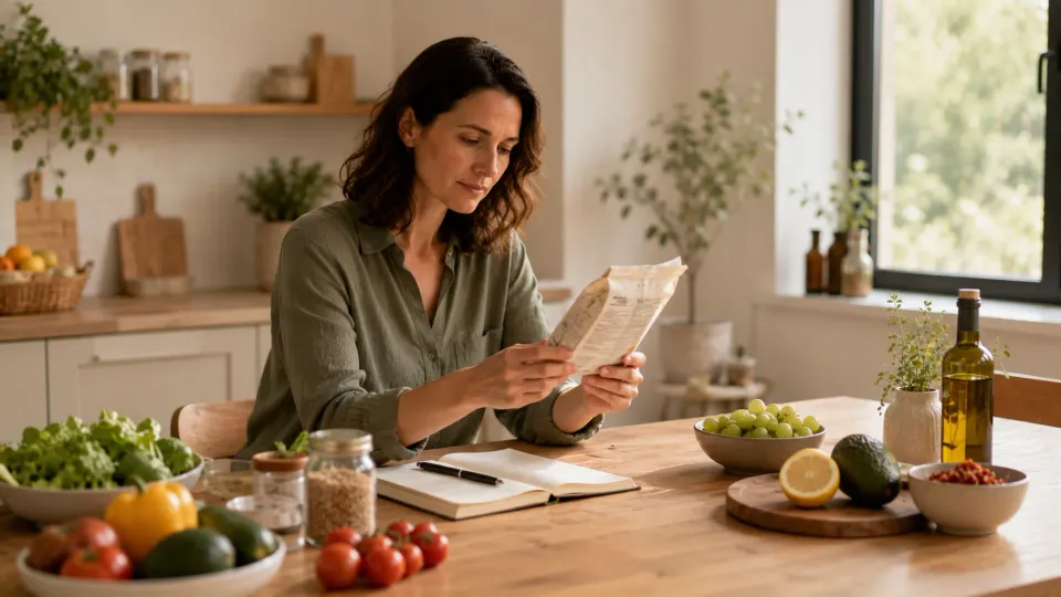 Femme assise à une table lisant l’emballage d’un aliment, entourée de légumes, de fruits et d’un carnet ouvert.