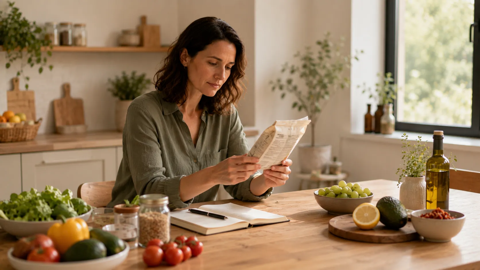 Femme assise à une table lisant l’emballage d’un aliment, entourée de légumes, de fruits et d’un carnet ouvert.