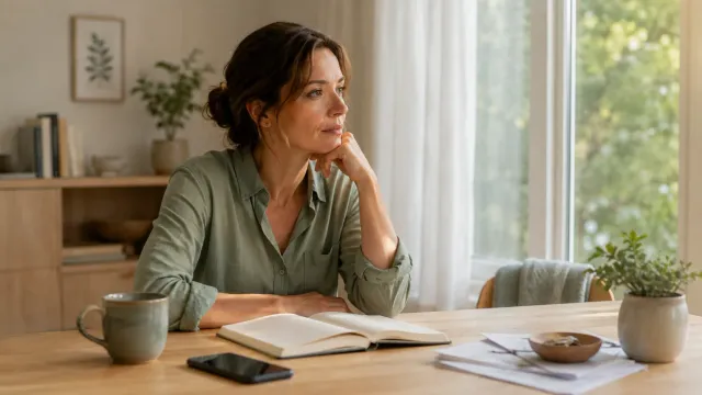 Femme assise à une table près d’une fenêtre, devant un carnet ouvert, un téléphone et des documents.