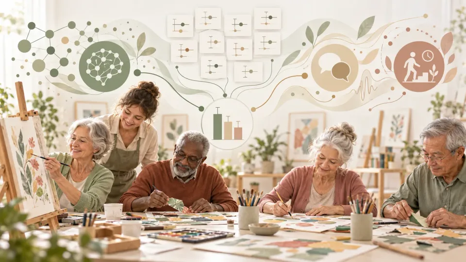 Illustration éditoriale sur une méta-analyse de 2026 évaluant les interventions d’art visuel et les fonctions cognitives chez les personnes âgées.