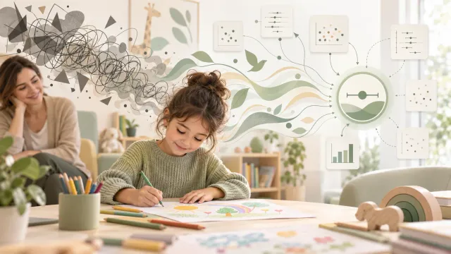 Illustration éditoriale sur une méta-analyse évaluant le dessin et les arts visuels pour réduire l’anxiété chez les enfants de 5 à 12 ans.