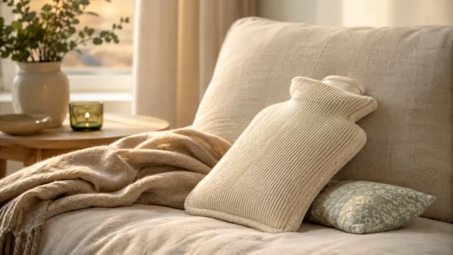 Bouillotte à eau dans une housse en maille écrue posée sur un canapé avec un petit coussin chauffant vert sauge.