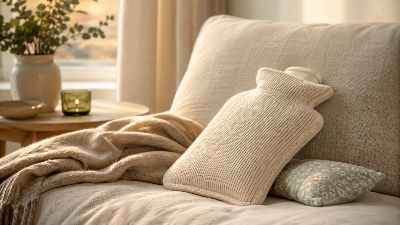 Bouillotte à eau dans une housse en maille écrue posée sur un canapé avec un petit coussin chauffant vert sauge.