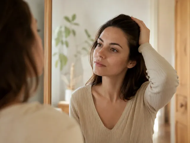 Femme devant un miroir tenant ses cheveux en arrière, avec quelques petites imperfections visibles sur le front et le menton