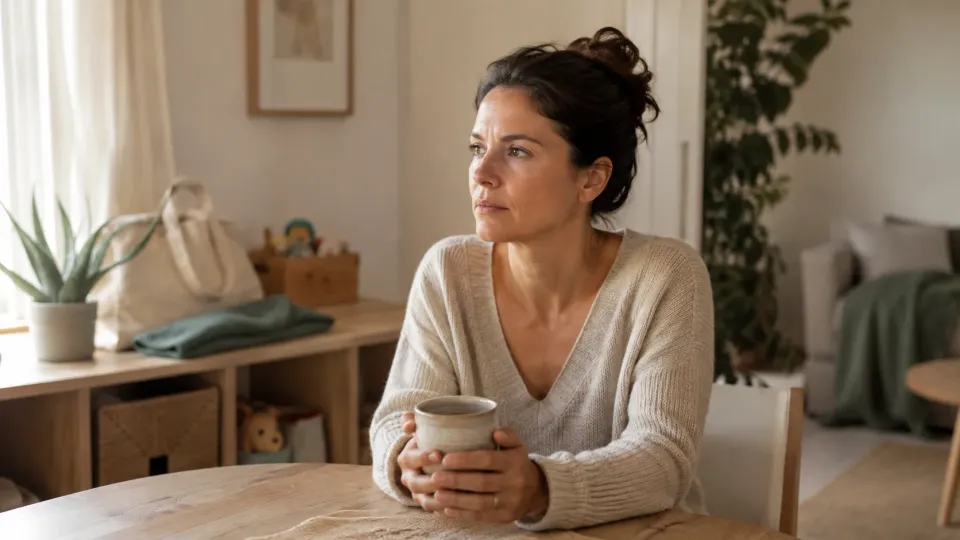 Femme assise à une table tenant une tasse, avec un sac et quelques jouets visibles en arrière-plan.