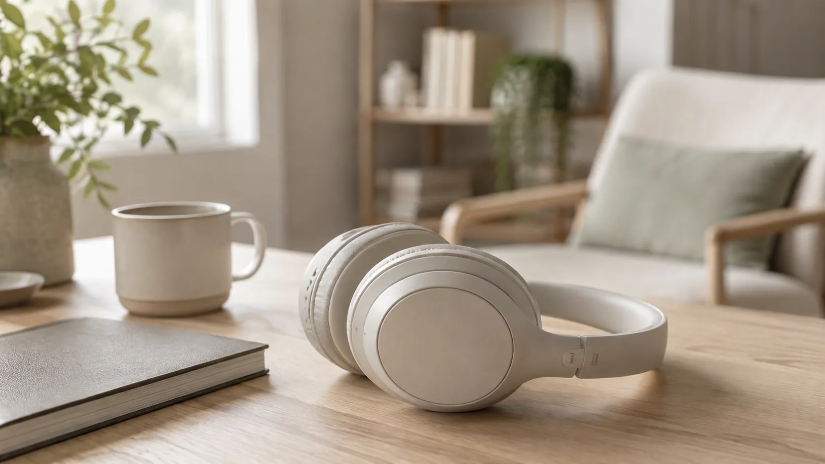 Casque circum-aural beige posé sur une table en bois dans un intérieur calme et lumineux.