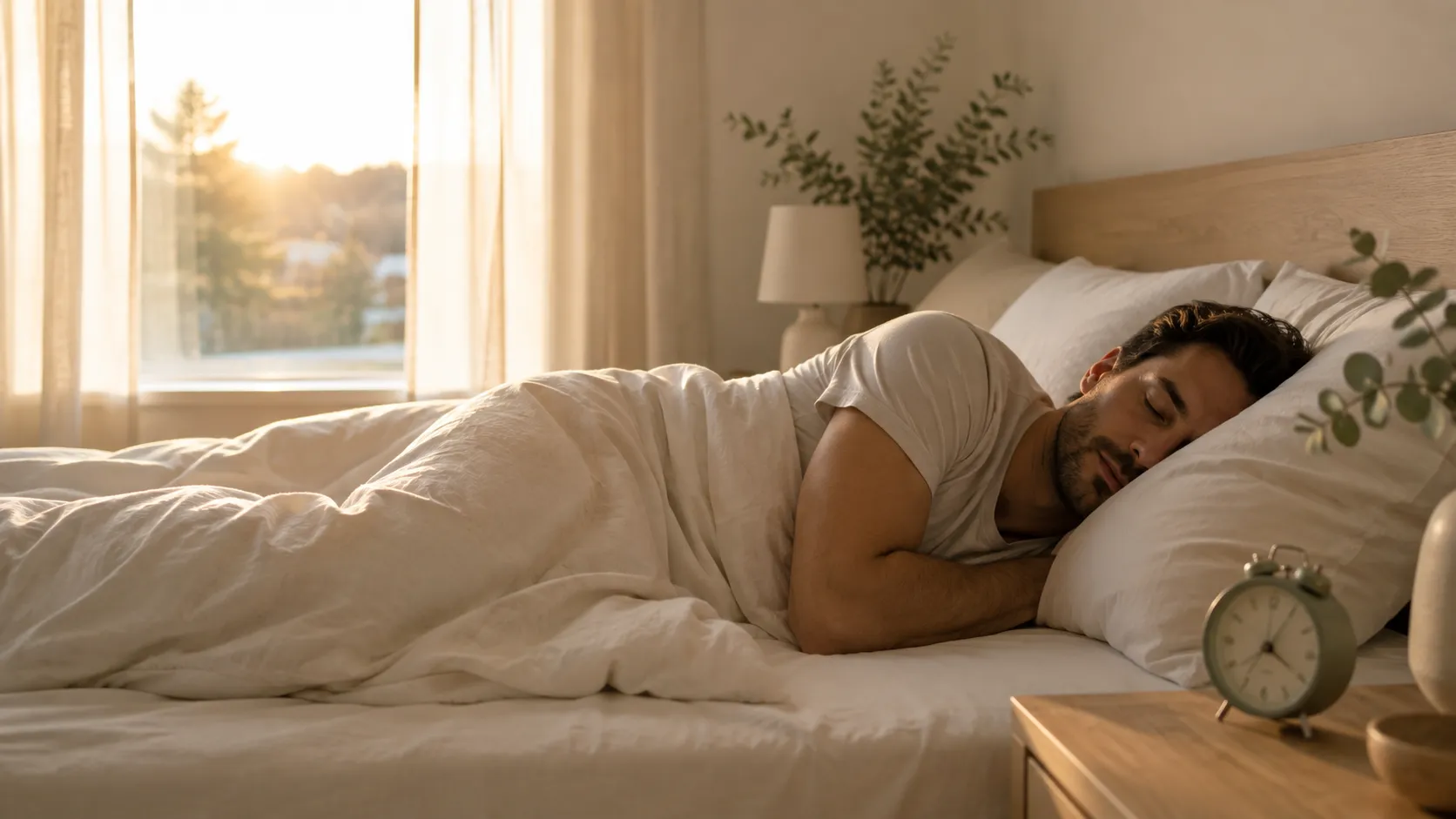 Homme dormant dans son lit au petit matin, avec un réveil sur la table de chevet.