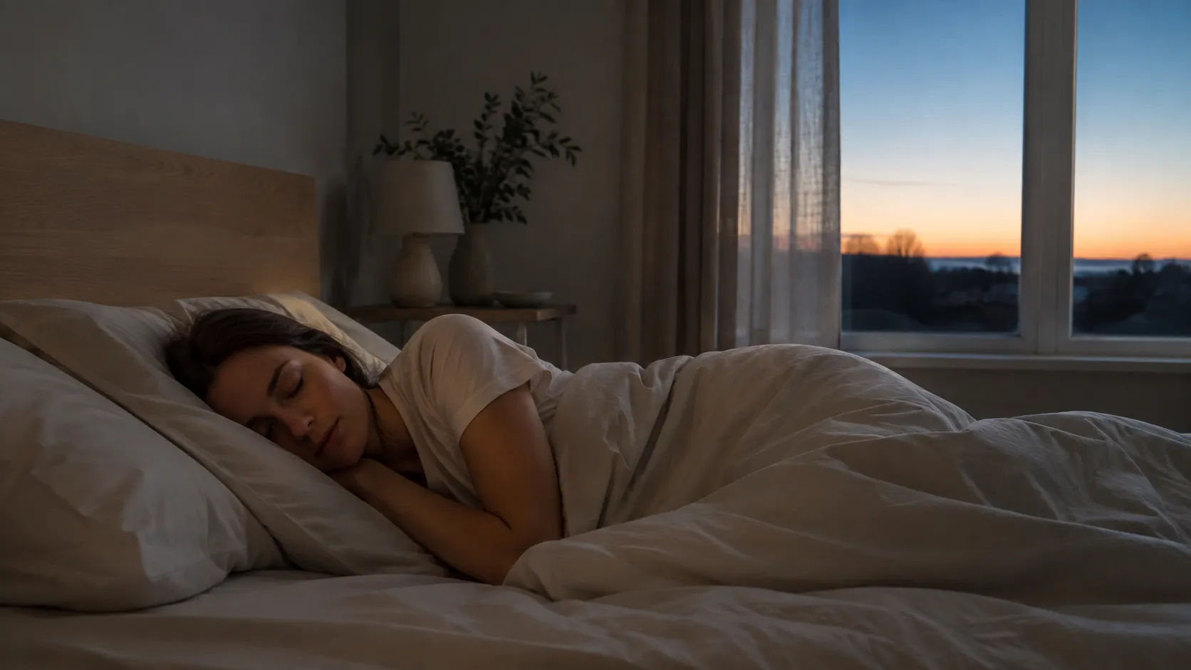 Femme dormant dans son lit alors que le jour se lève derrière la fenêtre.