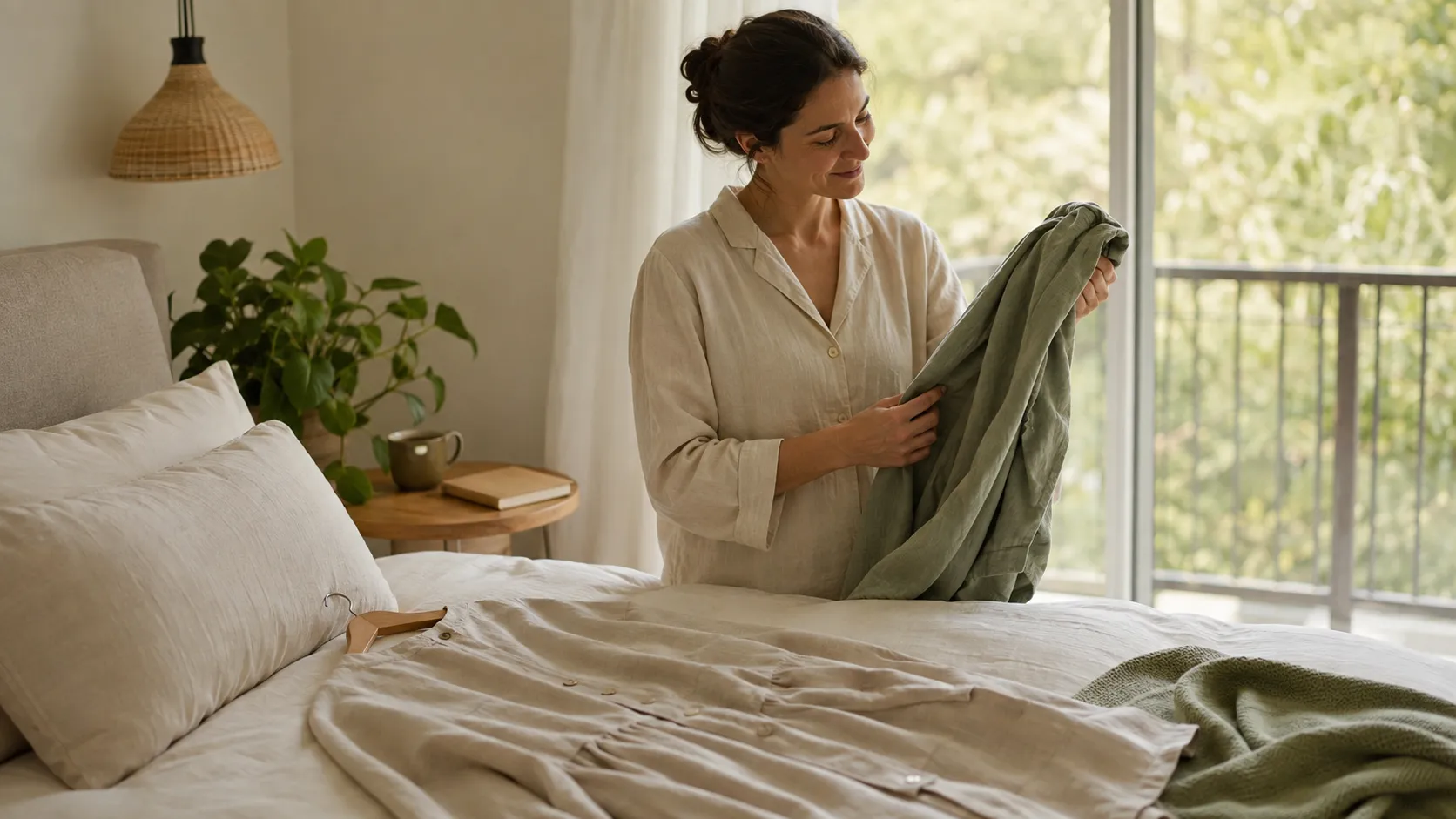 Femme dans une chambre lumineuse tenant un vêtement vert au-dessus d’un lit où repose un vêtement clair.