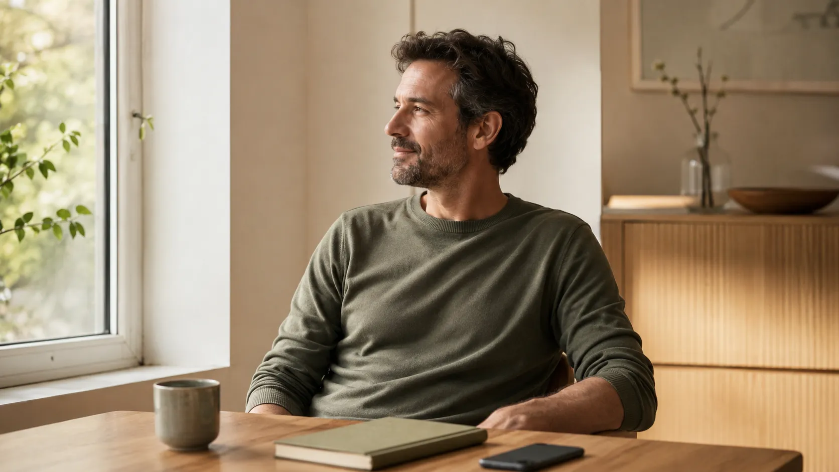 Homme assis à une table près d’une fenêtre, avec une tasse, un carnet fermé et un téléphone.