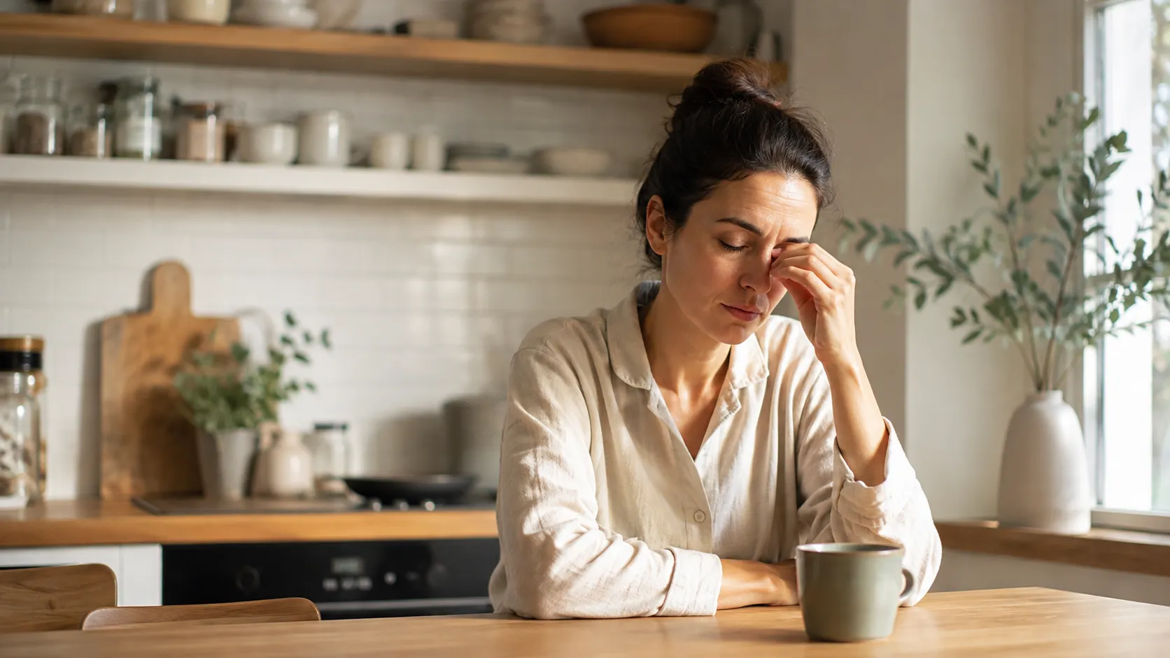 Femme fatiguée assise à une table de cuisine, une main près des yeux.