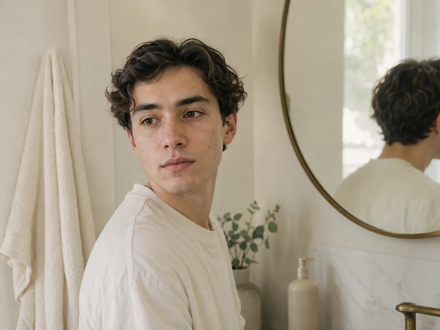 Jeune adulte dans une salle de bain lumineuse avec quelques imperfections discrètes sur le visage, devant un miroir
