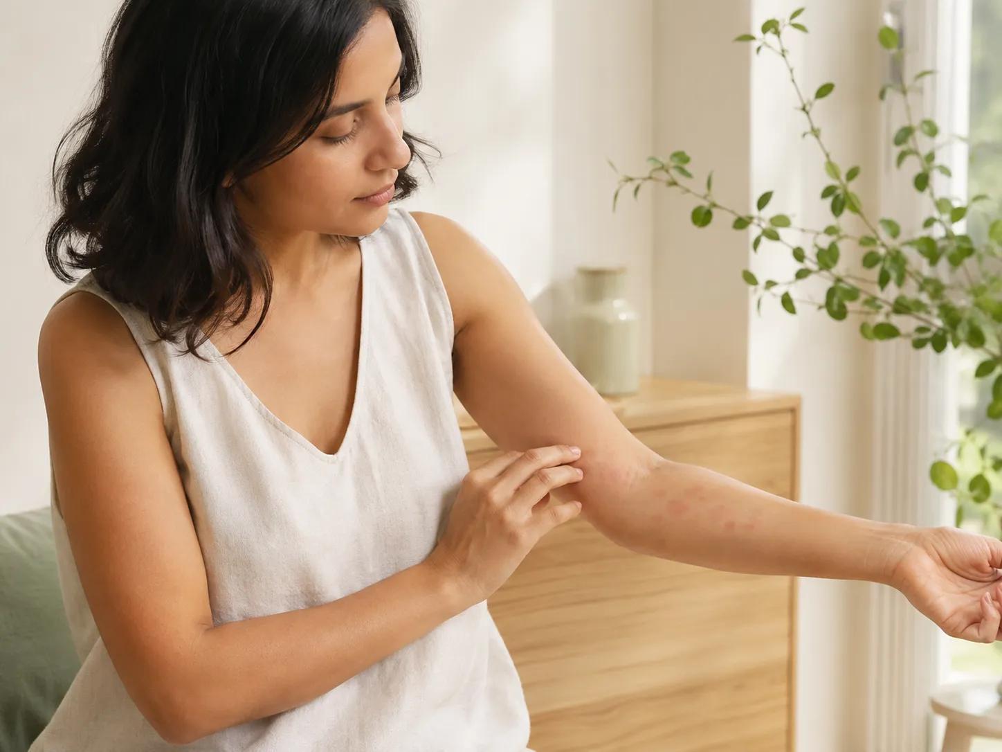 Femme observant des plaques d’urticaire sur son avant-bras dans un intérieur lumineux.
