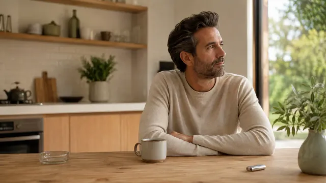 Homme assis à une table de cuisine, une tasse à la main, avec un carnet, un cendrier et un briquet posés devant lui.