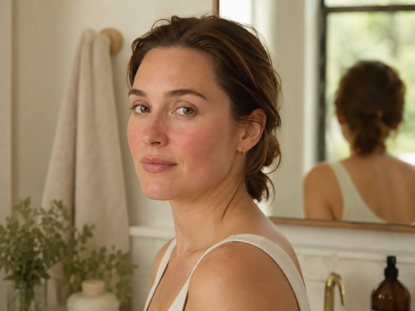 Femme avec rougeurs diffuses et petites imperfections sur les joues, illustrant la rosacée du visage.