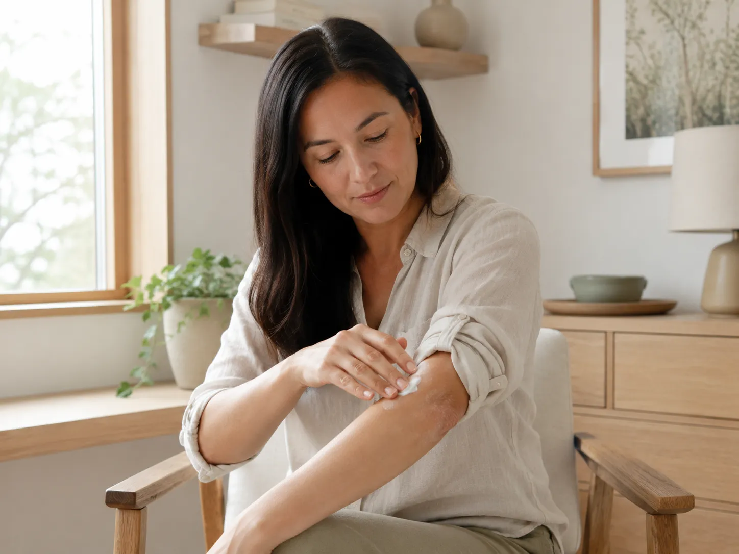 Personne appliquant un soin sur une plaque de psoriasis au niveau du coude dans un intérieur lumineux.