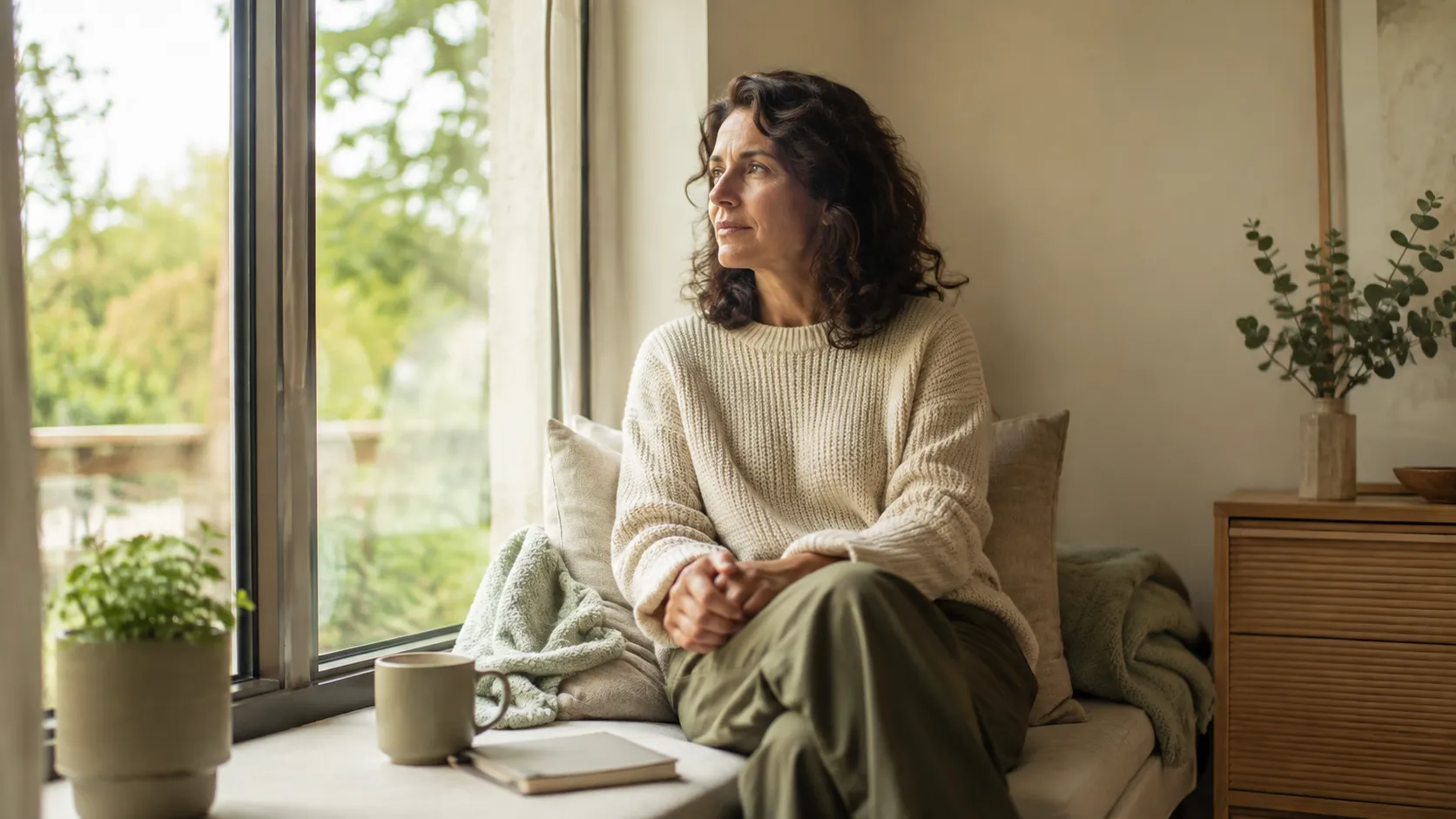 Femme assise près d’une grande fenêtre, les mains jointes, regardant vers l’extérieur.