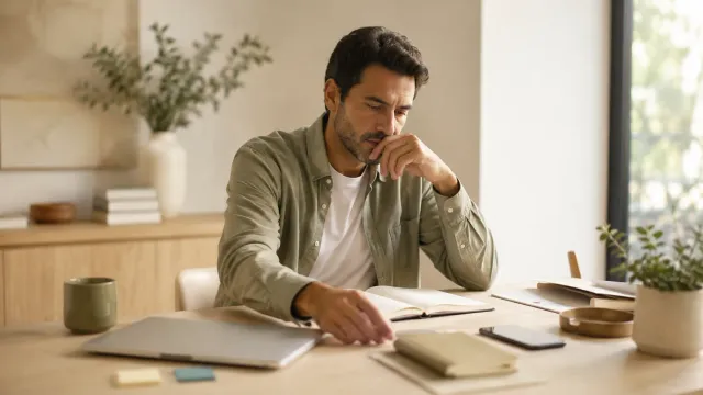 Homme assis à un bureau, une main près du visage et l’autre tendue vers des documents, avec un carnet ouvert et un ordinateur portable fermé.