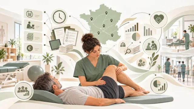 Illustration éditoriale sur les conditions d’exercice, la charge de travail et les risques psychosociaux des kinésithérapeutes en France en 2026.