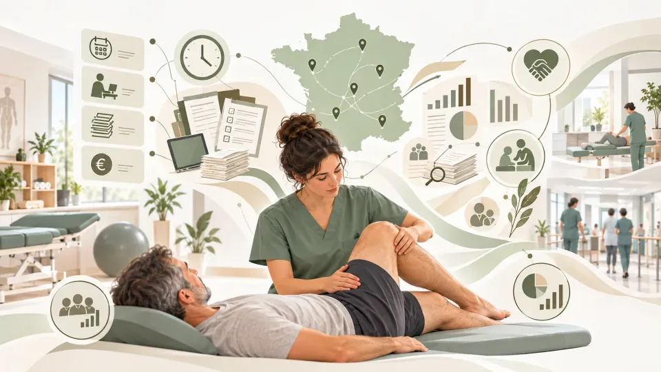 Illustration éditoriale sur les conditions d’exercice, la charge de travail et les risques psychosociaux des kinésithérapeutes en France en 2026.