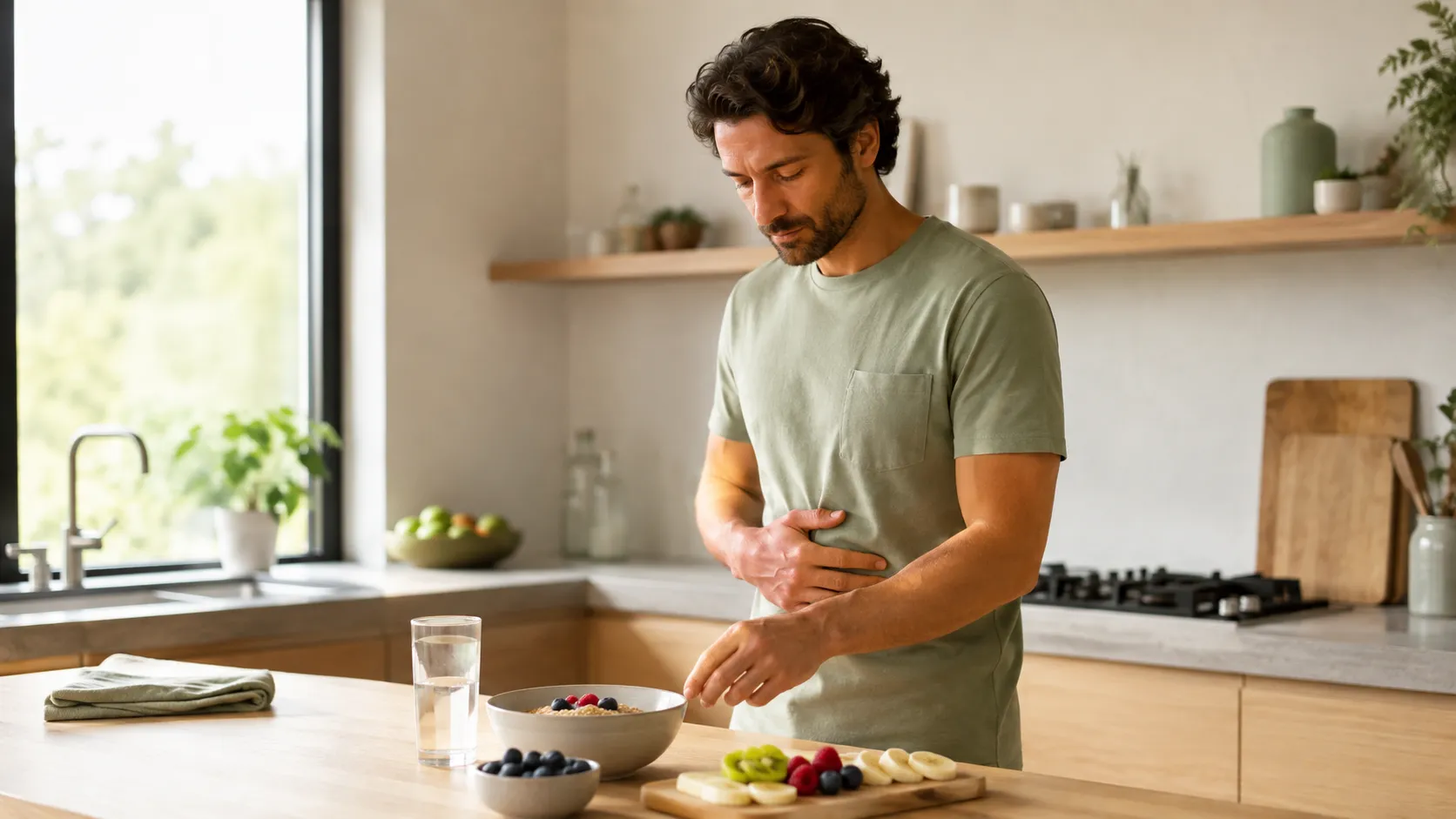 Homme préparant un petit-déjeuner avec des fruits et un verre d’eau, une main posée sur le ventre.