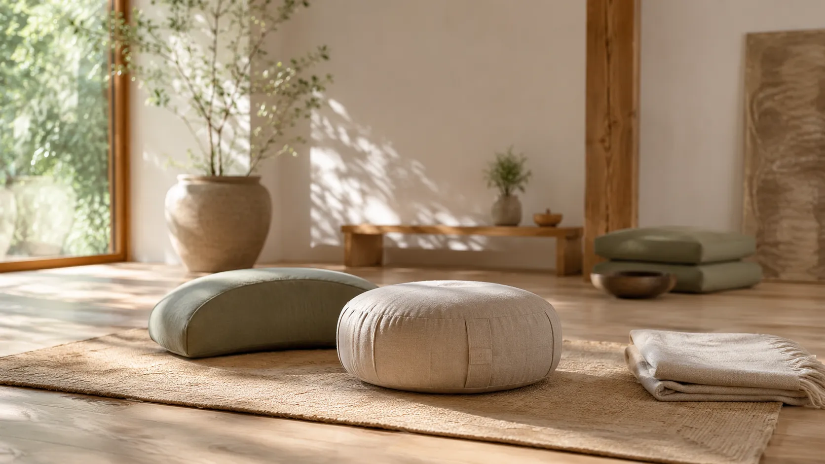 Zafu rond beige et coussin de méditation demi-lune vert sauge posés sur un tapis dans une pièce lumineuse.