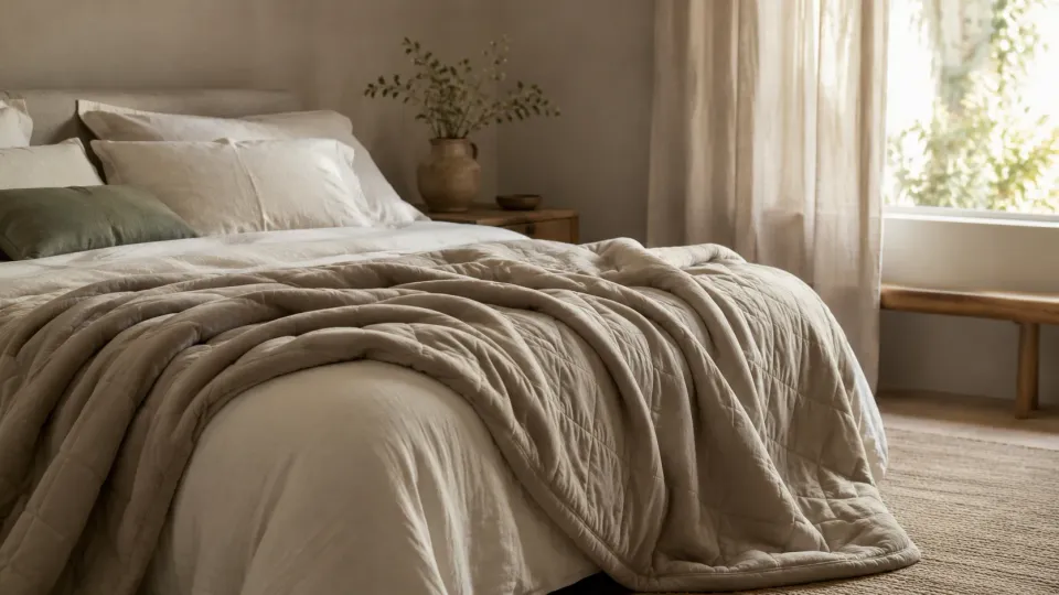 Couverture lestée beige matelassée disposée sur un lit dans une chambre lumineuse aux tons naturels.