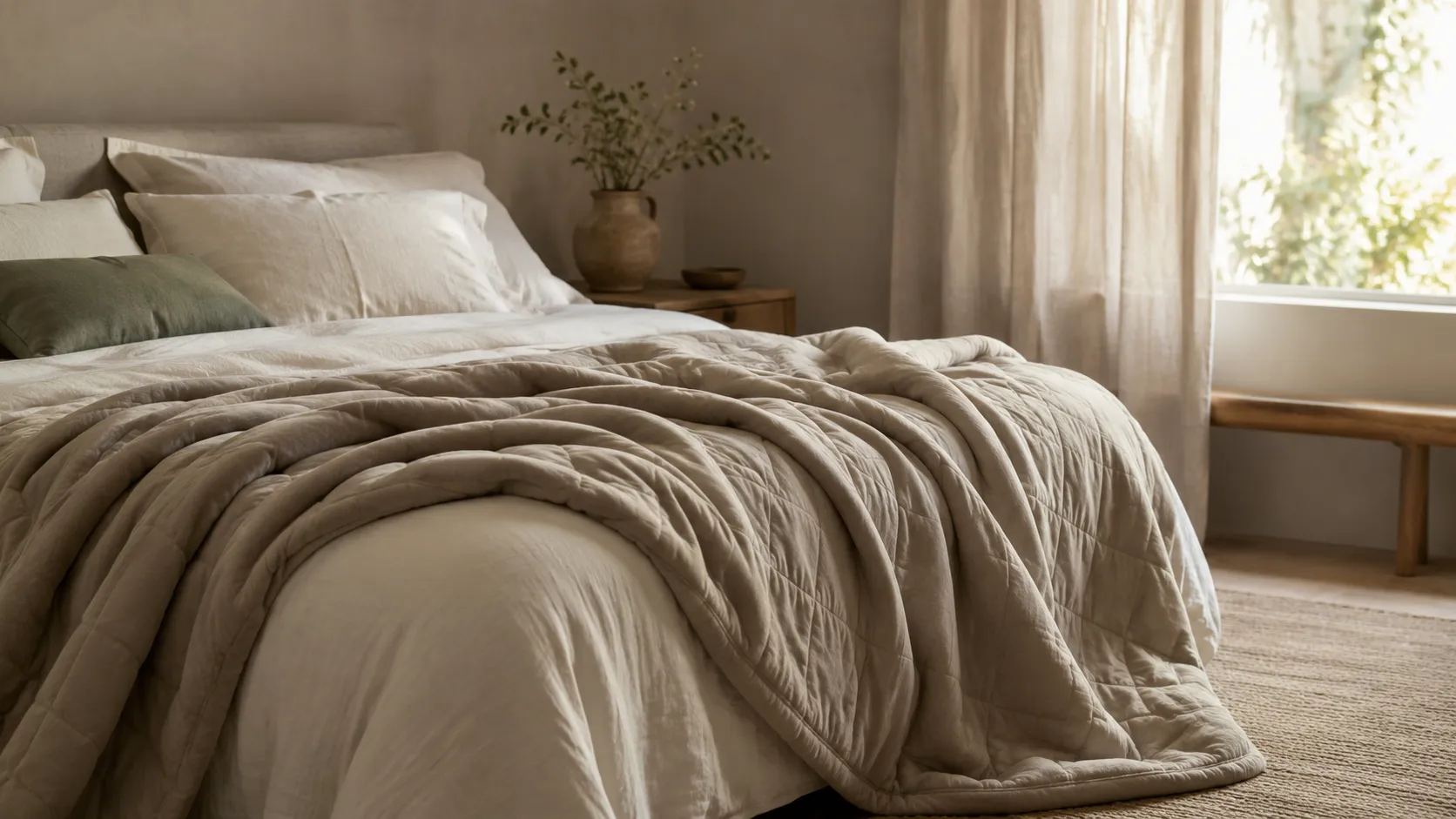 Couverture lestée beige matelassée disposée sur un lit dans une chambre lumineuse aux tons naturels.