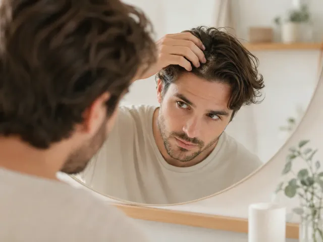 Femme examinant des squames et croûtes sur son cuir chevelu devant un miroir
