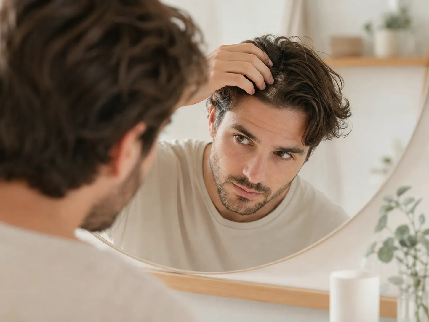 Femme examinant des squames et croûtes sur son cuir chevelu devant un miroir