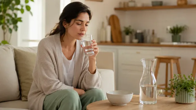 Femme assise à domicile buvant un verre d’eau près d’une carafe.