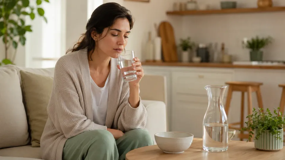 Femme assise à domicile buvant un verre d’eau près d’une carafe.
