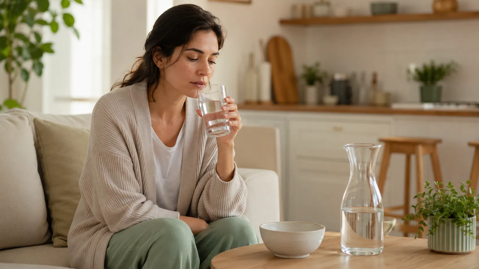 Femme assise à domicile buvant un verre d’eau près d’une carafe.