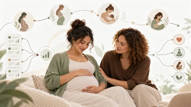 Illustration éditoriale sur une revue scientifique évaluant l’accompagnement par les doulas pendant la grossesse, l’accouchement et le post-partum.