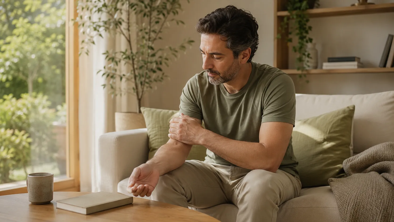 Femme assise sur un canapé, observant sa main, l’autre main près de l’avant-bras.
