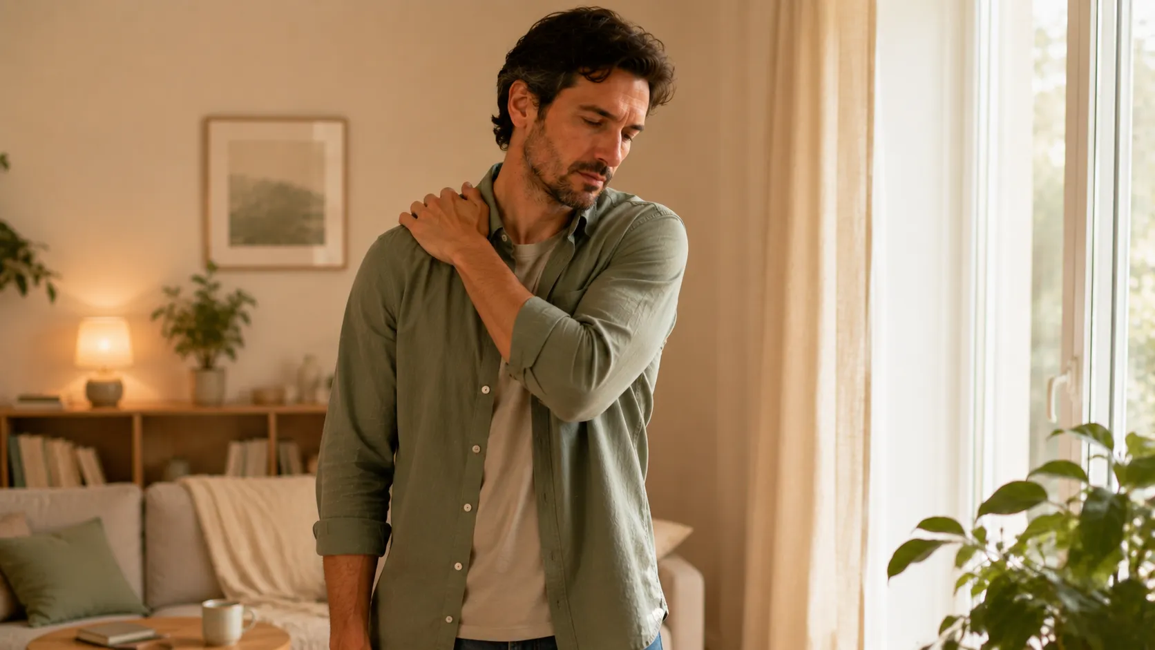 Homme debout dans un intérieur lumineux, une main posée sur l’épaule opposée.