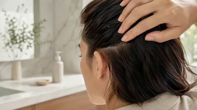 Personne écartant ses cheveux pour montrer son cuir chevelu légèrement squameux dans une salle de bain lumineuse.