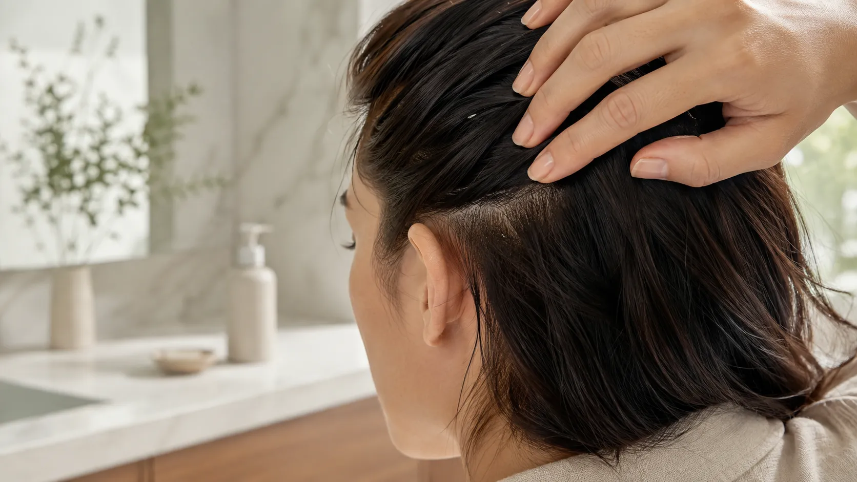Personne écartant ses cheveux pour montrer son cuir chevelu légèrement squameux dans une salle de bain lumineuse.