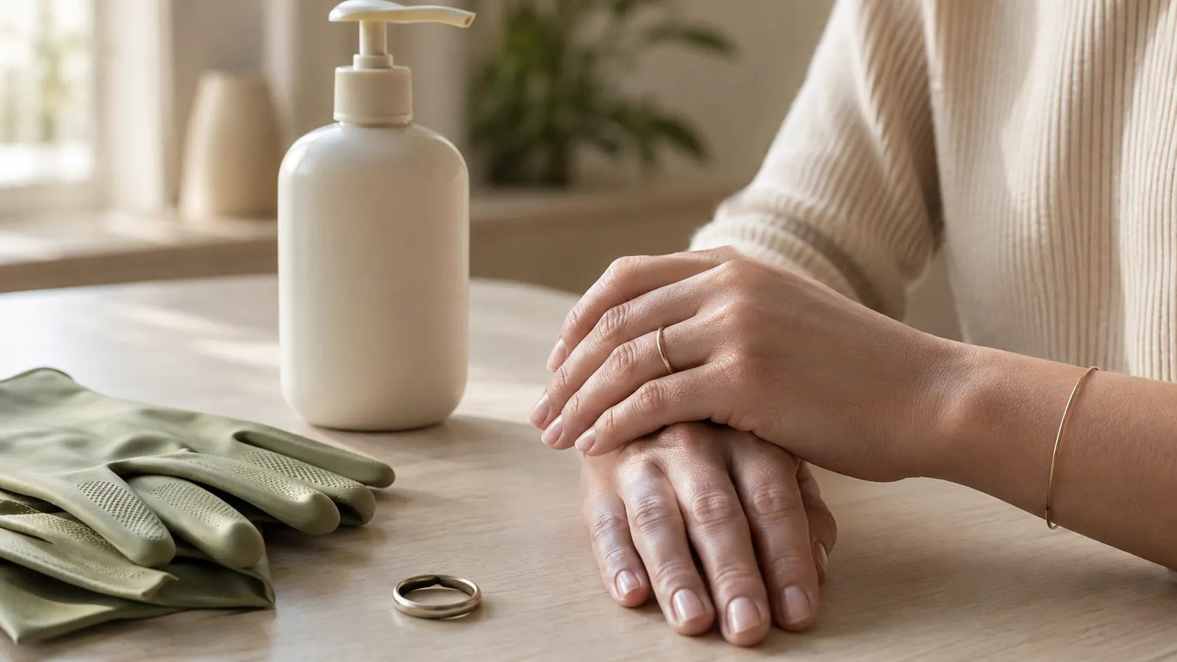 Mains posées près de gants de protection, d’un flacon pompe et d’une bague sur une table claire.