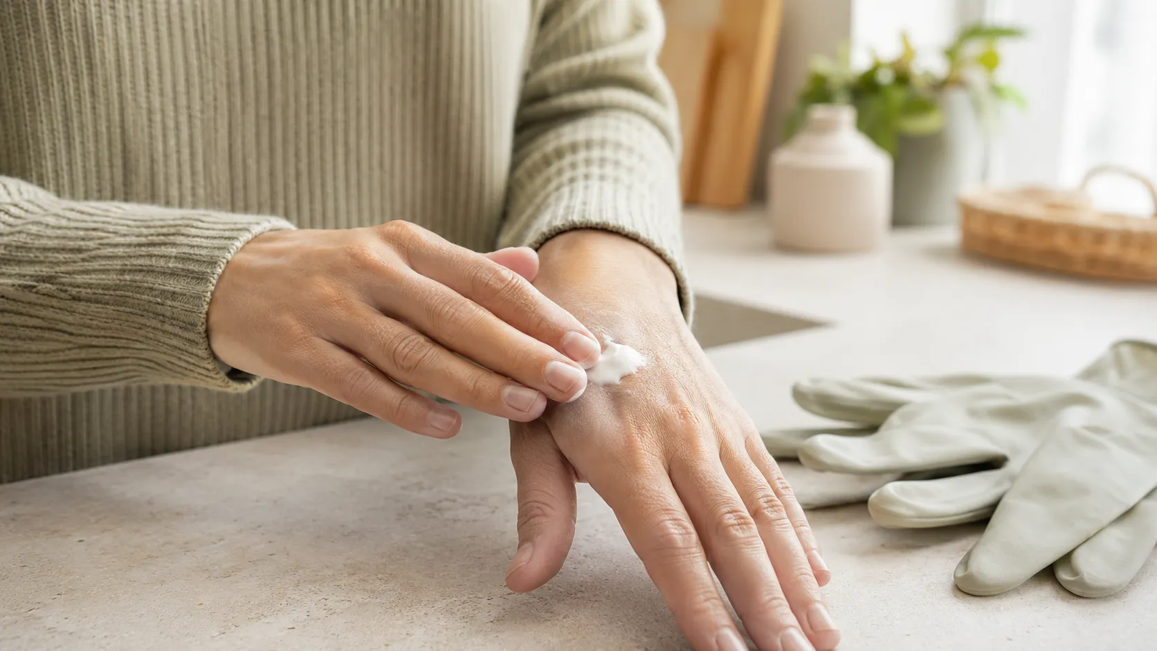 Personne appliquant une crème sur le dos de sa main avec des gants de protection posés à côté.