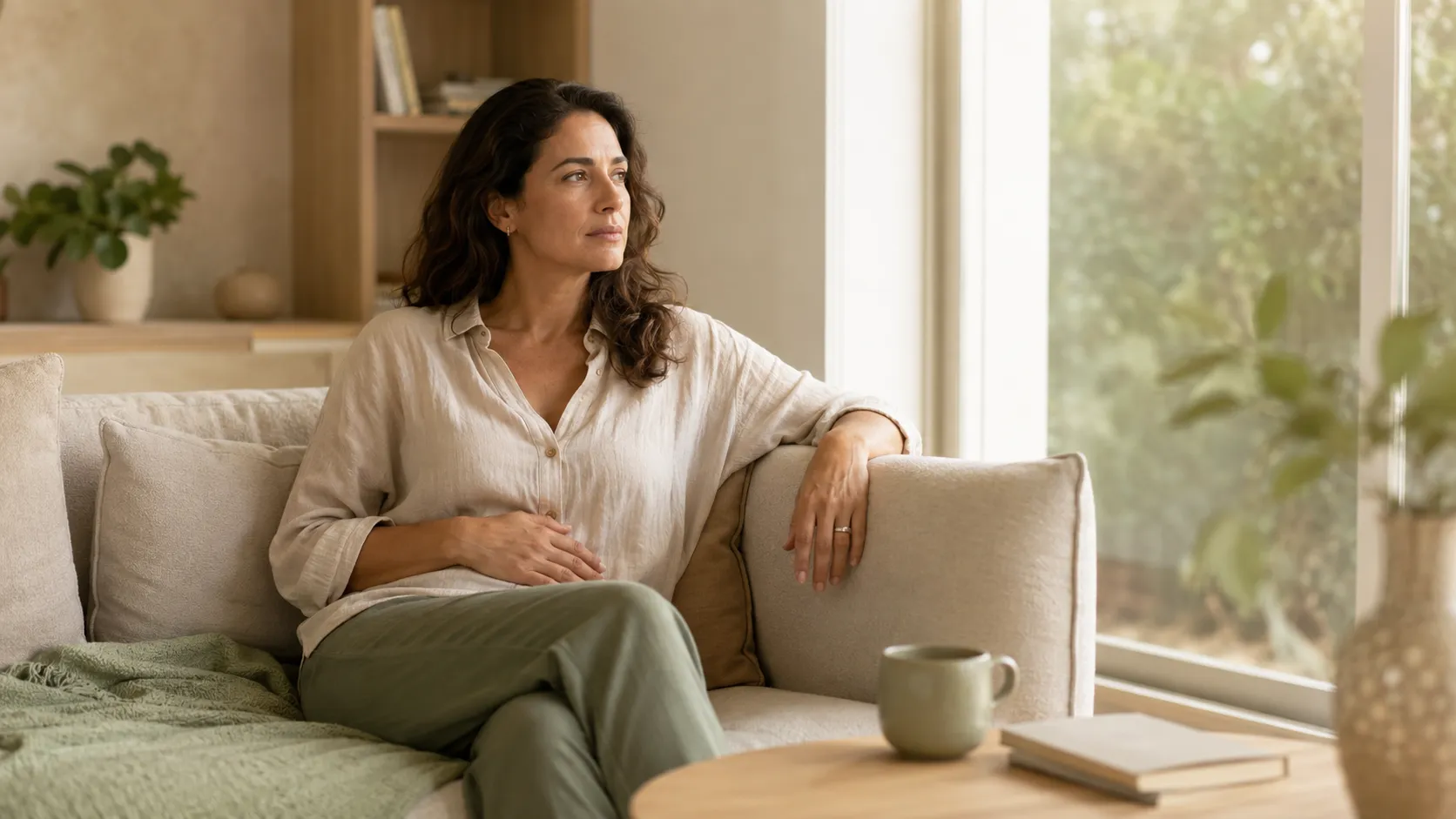 Femme assise sur un canapé près d’une fenêtre, une main posée sur le bas du ventre.